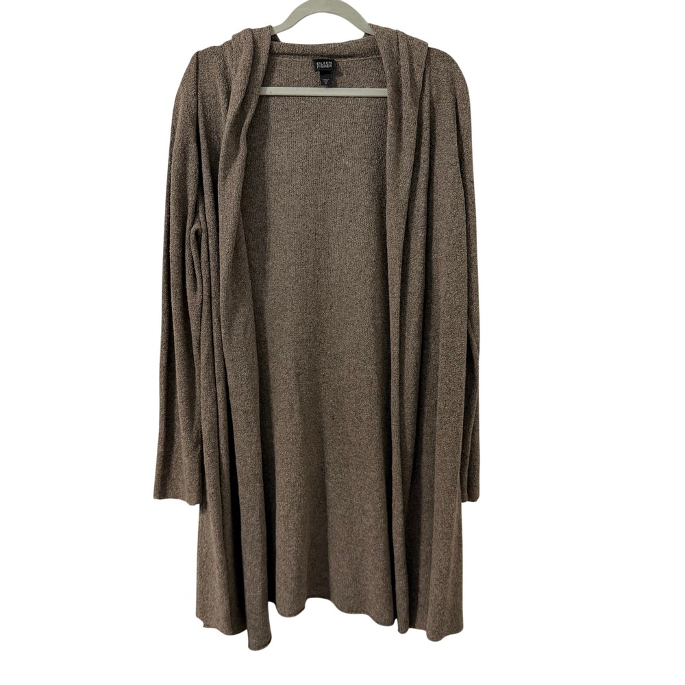 Eileen Fisher Silk Blend Hooded Open Front Long Cardigan XL Taupe Heather Brown